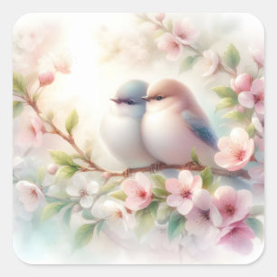 Adesivo Quadrado Pássaros de Amor da Primavera Flor de Cerejeira Fl