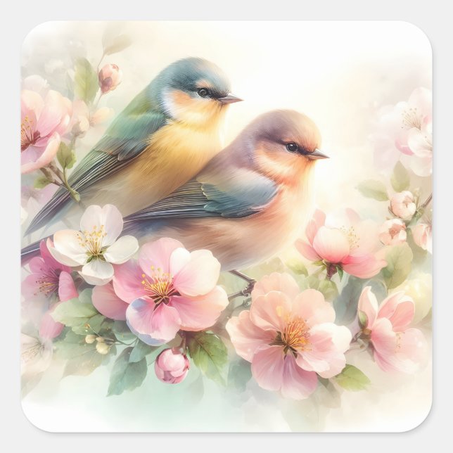 Adesivo Quadrado Pássaros de Amor Doces Flores de Primavera Pastel (Frente)