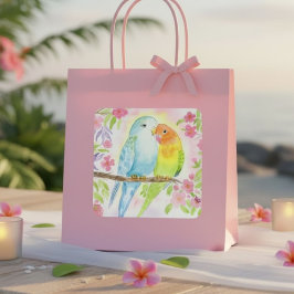 Adesivo Quadrado Pássaros de Amor em Aquarela com Flores Rosas