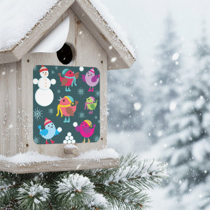 Adesivo Quadrado Pássaros de Inverno Brincando na Neve com Boneco d