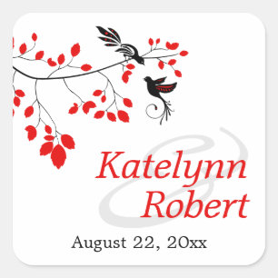 Adesivo Quadrado Pássaros Elegantes em um Casamento Vermelho e Neg
