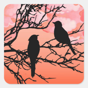 Adesivo Quadrado Pássaros em um galho, preto contra laranja sunset