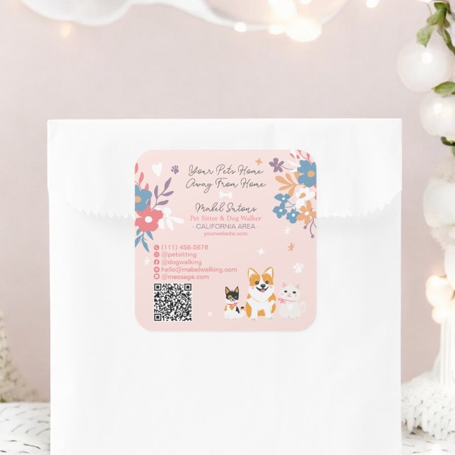 Adesivo Quadrado Passeador de cães bicho de estimação floral gracio (Whimsical floral cute pastel pet sitter dog walker square sticker)