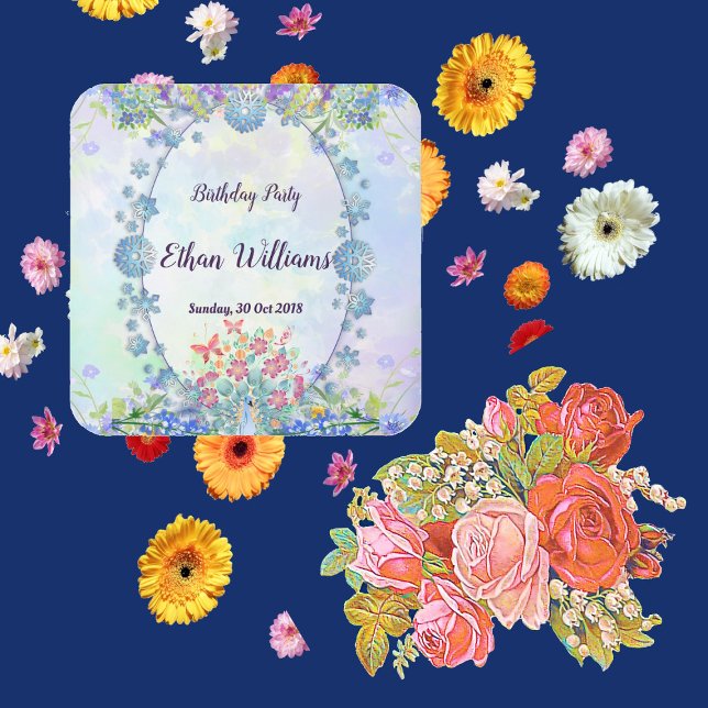 Adesivo Quadrado Pasta Azul Molha Hydrangea Purple Oval Birthdays (Soft Blue Pastel Hydrangea Purple Floral Birthday Square Sticker)
