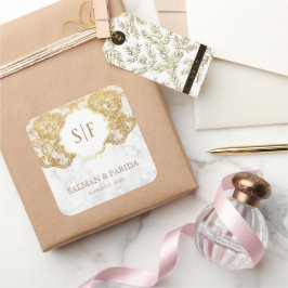 Adesivo Quadrado Pasta Branca Dourada Lace Monograma Casamento Favo