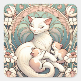 Adesivo Quadrado Pastel Art Nouveau Mãe Gato e Gatinhos