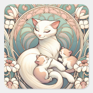 Adesivo Quadrado Pastel Art Nouveau Mãe Gato e Gatinhos