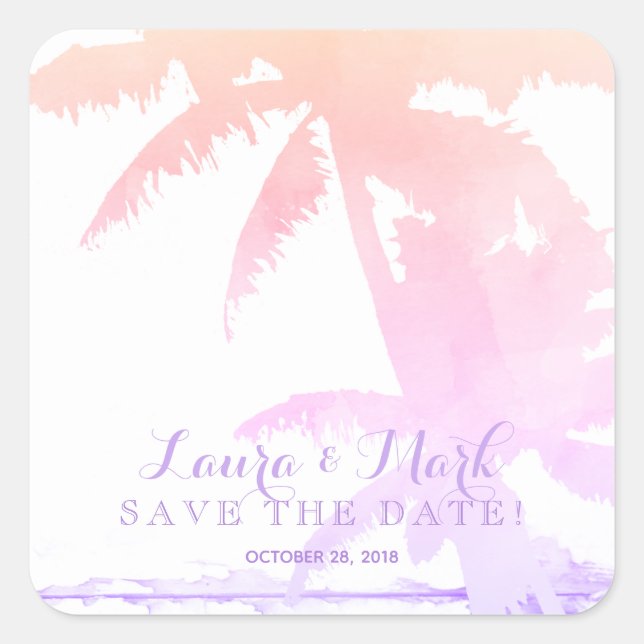 Adesivo Quadrado Pastel Beach Casamento Palm Tree Sai do Sol (Frente)