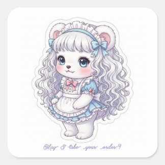 Adesivo Quadrado Pastel Blue Maid Bear - Fluffy Long Hair Kawaii