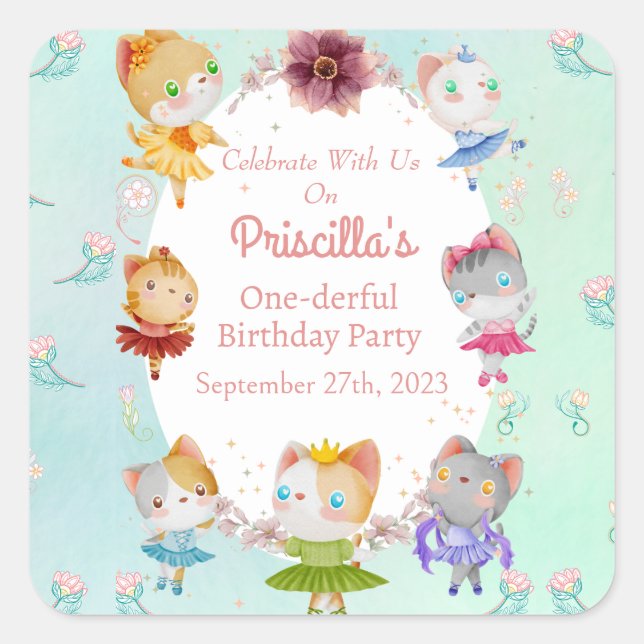 Adesivo Quadrado Pastel Green All Ballerina Cat Party (Frente)