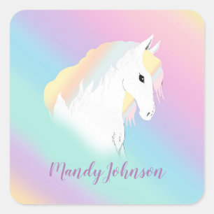 Adesivo Quadrado Pastel Personalizado Arco-Íris Branco Cavalo Gira