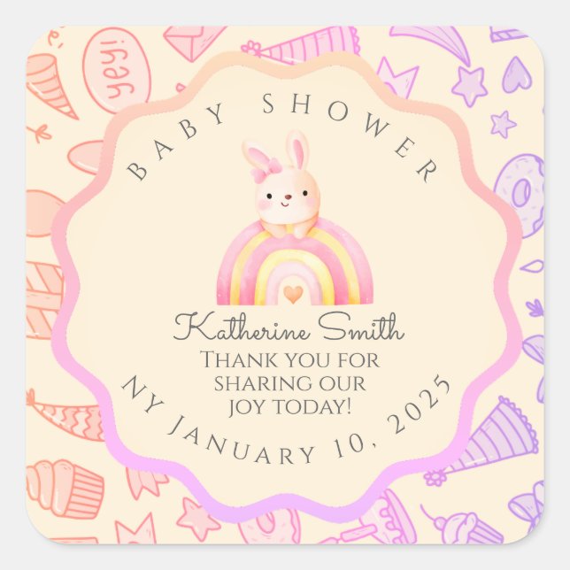 Adesivo Quadrado pastel pink bunny cute party babyshower  (Frente)