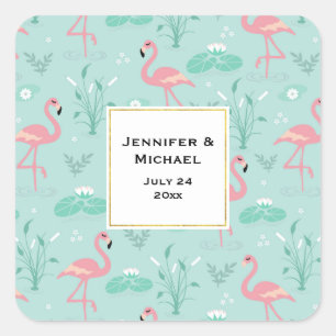 Adesivo Quadrado Pastel Pink Flamingos Green Pattern Data de Casame