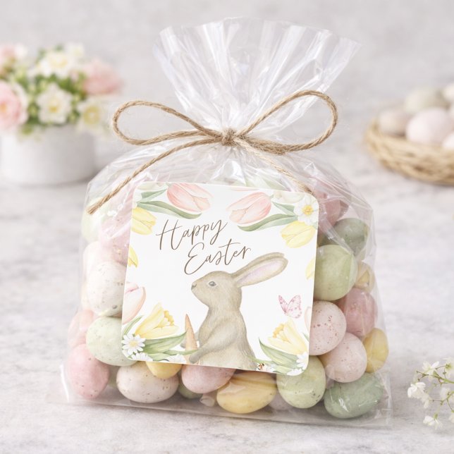 Adesivo Quadrado Pastel Pink Tulips & Yellow Daffodils Happy Easter (Criador carregado)