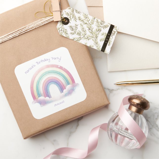 Adesivo Quadrado Pastel Rainbow Birthday Party Square Stickers (Presentear)