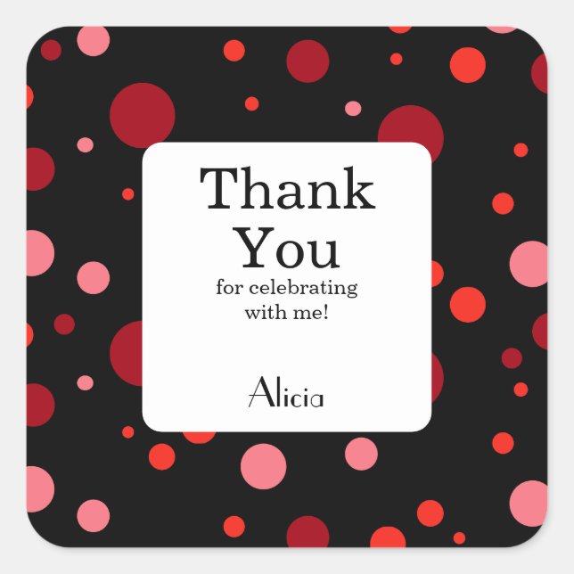 Adesivo Quadrado Pastel Ruby Cranberry Bolinhas Black Obrigado (Frente)