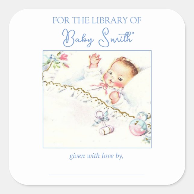 Adesivo Quadrado Pastel Vintage Baby Girl Baby Shower Book Plate (Frente)