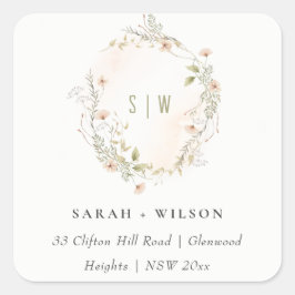 Adesivo Quadrado Pastel Wildflower Monograma Wreath