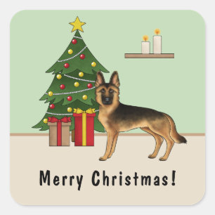 Adesivo Quadrado Pastor Alemão Black And Tan E Uma Árvore De Natal