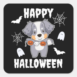 Adesivo Quadrado Pastor Australiano Feliz Cachorro de Halloween Sq