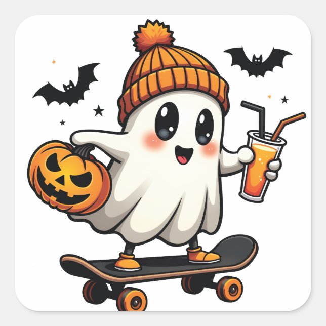 Adesivo Quadrado Patinação de Halloween Pumpkin Spice Ghost Fall (Frente)