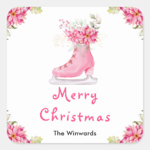Adesivo Quadrado Patins de Gelo Florais Rosa Feliz Natal