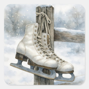 Adesivo Quadrado Patins de Gelo Vintage de Natal no Poste da Cerca