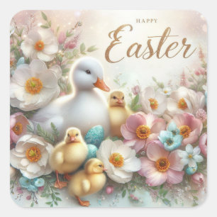 Adesivo Quadrado Pato de páscoa, Patos e Flores Envelope Selo