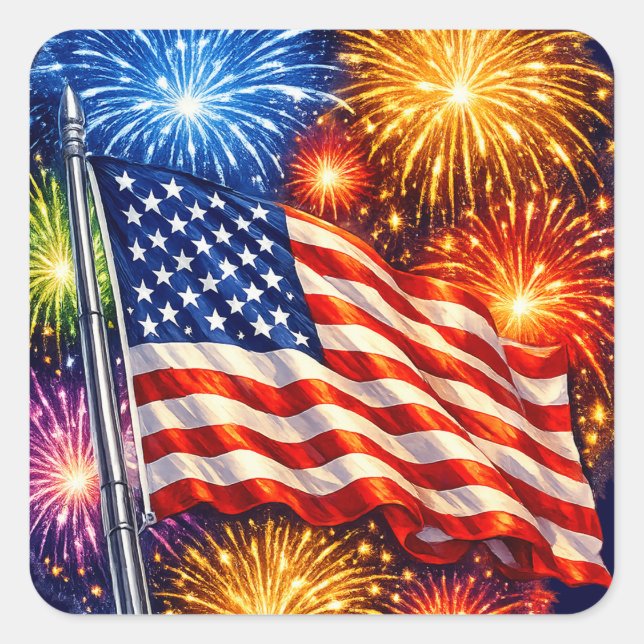 Adesivo Quadrado Patriotic Flag Fireworks  (Frente)