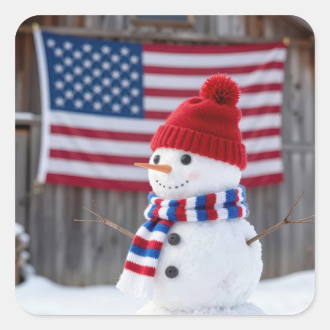 Adesivo Quadrado Patriotic Snowman With American Flag (Frente)