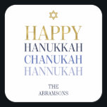 Adesivo Quadrado Pau de Feriado Feliz Hanukkah Chanukah<br><div class="desc">O design de folha de ouro simulado por "faaux" é incorporado neste design. Personalize o texto personalizado acima. Você pode encontrar itens de coordenação adicionais na nossa coleção "Happy Hanukkah Chanukah".</div>