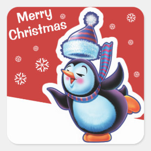 Adesivo Quadrado Pau de pinguim vermelho de natal.