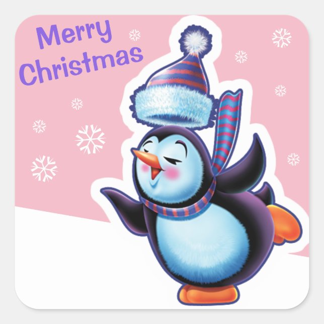Adesivo Quadrado Pau-rosa-de-natal Pinguin patinando. (Frente)