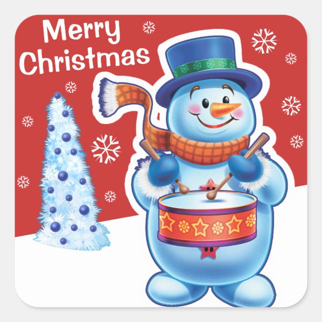 Adesivo Quadrado Pau vermelho de Natal baterista Snowman. (Frente)