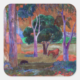 Adesivo Quadrado Paul Gauguin - Paisagem com um Porco e um Cavalo