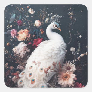 Adesivo Quadrado Pavão Branco Elegante com Penas de Manchas Oculare