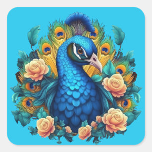 Adesivo Quadrado Pavão com Rosas de Pêssego
