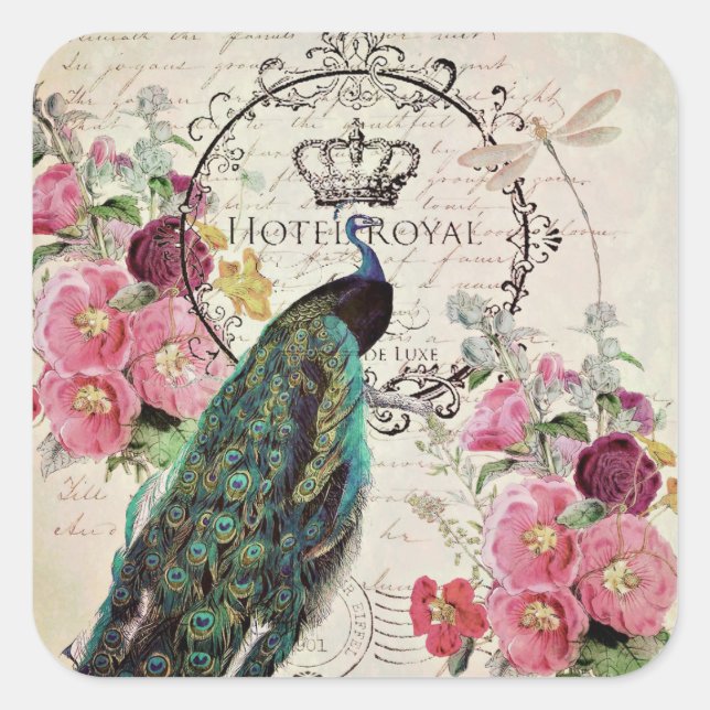 Adesivo Quadrado Pavão e flores da primavera (Frente)