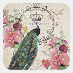 Adesivo Quadrado Pavão e flores de primavera