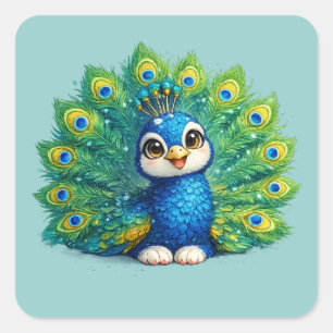 Adesivo Quadrado Pavão Fofo com Olhos Grandes Design de Pássaro Kaw