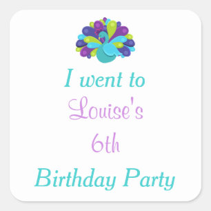 Adesivo Quadrado Pavão verde e púrpura Aniversário "Eu fui