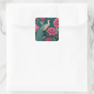 Adesivo Quadrado Pavão Vibrante e Padrão Floral Rosa