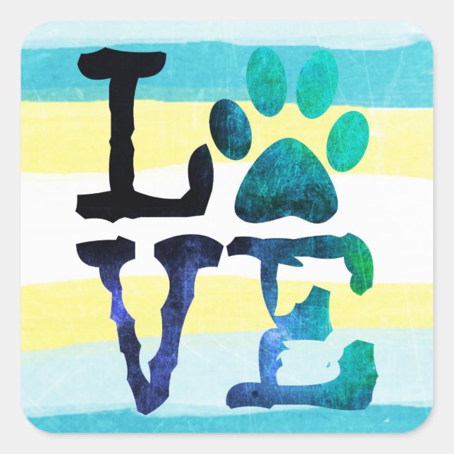 Adesivo Quadrado Paw print Love Dog Teal and Yellow Heart Stickers (Frente)