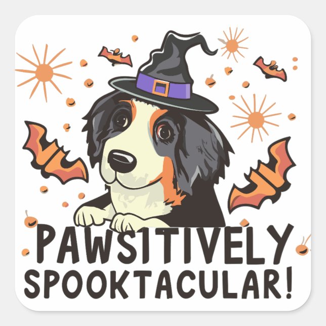 Adesivo Quadrado Pawsitivamente Spooktacular! - Cachorro Bernese Ha (Frente)