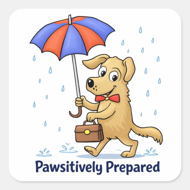 Adesivo Quadrado Pawsitively Prepared – Cute Dog with Umbrella (Frente)