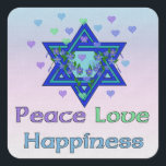 Adesivo Quadrado Paz Ama Felicidade<br><div class="desc">Corações, Estrela de David, e as palavras "Paz Ame Felicidade" são uma maneira adorável de dizer Feliz Chanucá.</div>