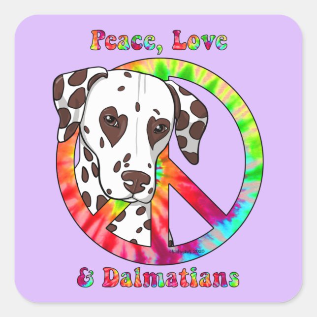 Adesivo Quadrado Paz, Amor e Dalmatianos (Frente)