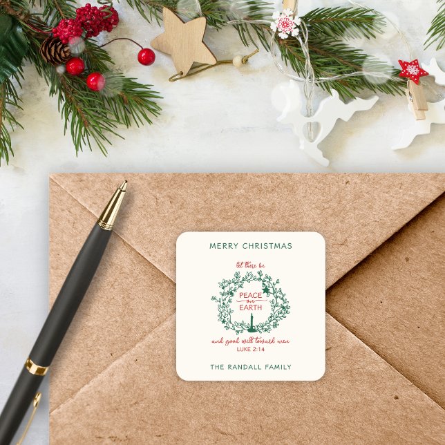 Adesivo Quadrado Paz de Natal na Terra Nome da Terra Desenhada ( Keep Christ at the center of Christmas while adding a custom touch to your envelopes or gifts.)