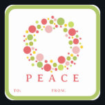 Adesivo Quadrado PEACE Christmas label red border<br><div class="desc">Coordenadas de etiquetas PEACE com papel embrulho de presente e fita de papel.</div>