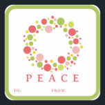Adesivo Quadrado PEACE Christmas label red border<br><div class="desc">Coordenadas de etiquetas PEACE com papel embrulho de presente e fita de papel.</div>
